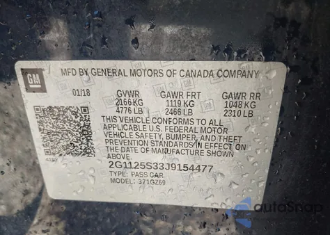 2018 Chevrolet Impala 2Lz z USA, uszkodzony, nr VIN 2G1125S33J9154477